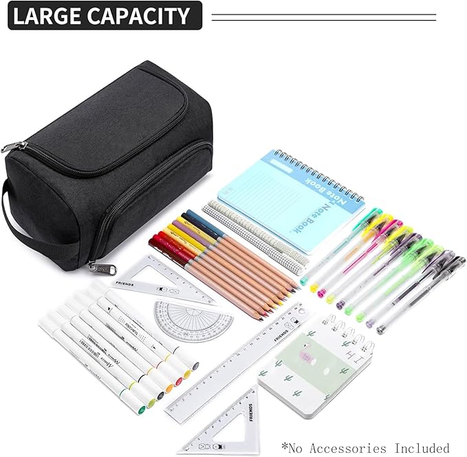 Large Capacity Pencil Case Organizer, Multifunctional Extra Big Pencil Pouch with Compartmens, Travel Simple Stationery Pen Bag, Fabric Pencil Bag for Men Women Girl Boy (Black)