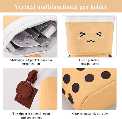 Cute Standing Pencil Case for Kids, Pop Up Pencil Box Makeup Pouch, Christmas Gift Kids Corduroy Pen Holder Organizer Cosmetics Bag, Kawaii Stationary (Brown)