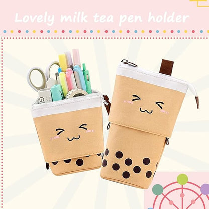 Cute Standing Pencil Case for Kids, Pop Up Pencil Box Makeup Pouch, Christmas Gift Kids Corduroy Pen Holder Organizer Cosmetics Bag, Kawaii Stationary (Brown)