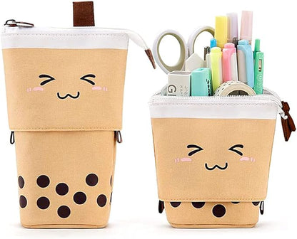 Cute Standing Pencil Case for Kids, Pop Up Pencil Box Makeup Pouch, Christmas Gift Kids Corduroy Pen Holder Organizer Cosmetics Bag, Kawaii Stationary (Brown)