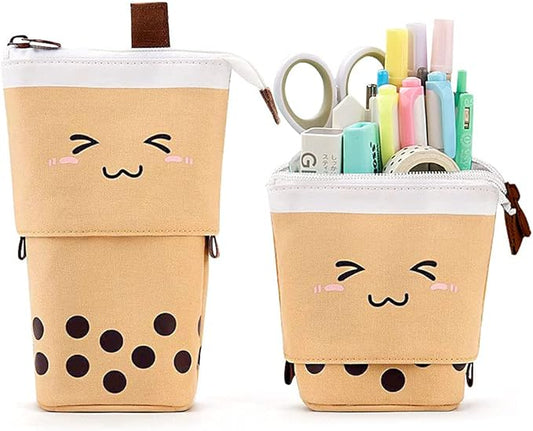 Cute Standing Pencil Case for Kids, Pop Up Pencil Box Makeup Pouch, Christmas Gift Kids Corduroy Pen Holder Organizer Cosmetics Bag, Kawaii Stationary (Brown)