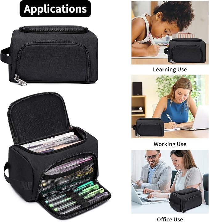 Large Capacity Pencil Case Organizer, Multifunctional Extra Big Pencil Pouch with Compartmens, Travel Simple Stationery Pen Bag, Fabric Pencil Bag for Men Women Girl Boy (Black)